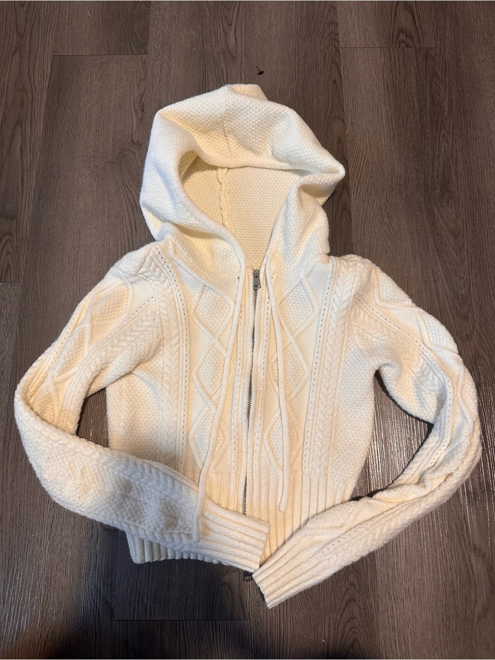 Edikted Cream cropped Zip-Up Hooded Cable Knit Sweater